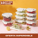 Kit 10 Potes Herméticos Antibacterianos de Vidrio Templado con Tapa de Alta Sellación