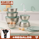 Conjunto de 6 Recipientes de Acero Inoxidable con Tapas de Silicona Multifuncionales + REGALO: Kit de Utensilios de Cocina